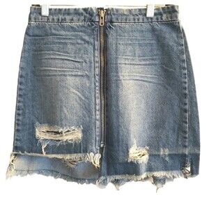 OneTeaspoon Denim Skirt Womens 28 Blue Oxford Distressed Front Zip Raw Hem Nwt